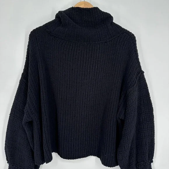 Free People Be Yours Cowl Neck Sweater Balloon Sleeve Chunky Boxy Cropped Black - Picture 10 of 14